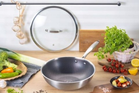 Patelnia WOK GŁĘBOKA Z POKRYWKĄ 4.5L CIĘŻKA STALOWA INDUKCJA GAZ 28 CM
