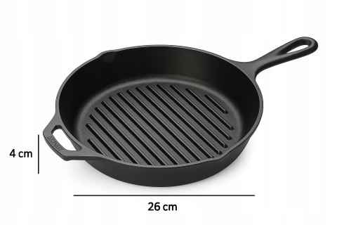 Patelnia żeliwna grillowa 26 cm - indukcja, kuchenka, piekarnik, solidna
