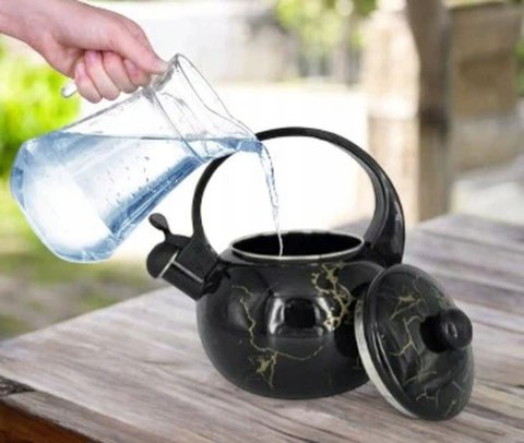 Czarny Emaliowany Czajnik Tradycyjny Retro z Gwizdkiem na Gaz Indukcja 2.2L