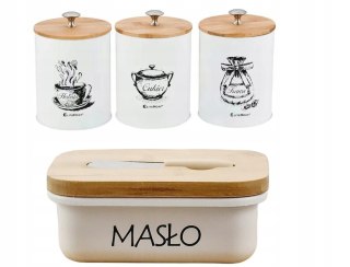 ZESTAW 3 POJEMNIKI BIAŁE KAWA HERBATA CUKIER MASELNICZKA