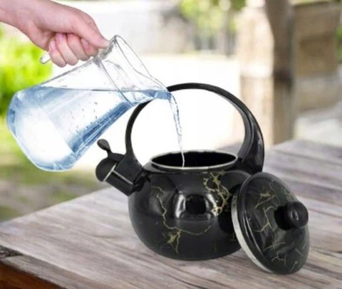 Czarny Emaliowany Czajnik Tradycyjny Retro z Gwizdkiem na Gaz Indukcja 2.2L