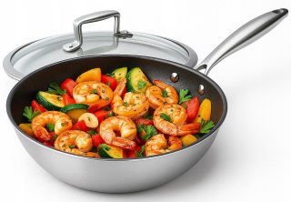 Patelnia WOK GŁĘBOKA Z POKRYWKĄ 4.5L CIĘŻKA STALOWA INDUKCJA GAZ 28 CM