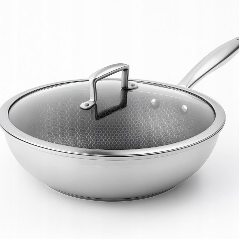 Patelnia WOK GŁĘBOKA Z POKRYWKĄ 4.5L CIĘŻKA STALOWA INDUKCJA GAZ 28 CM