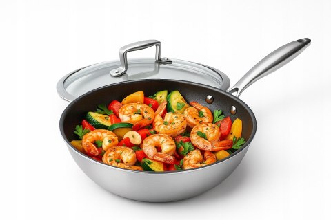 Patelnia WOK GŁĘBOKA Z POKRYWKĄ 4.5L CIĘŻKA STALOWA INDUKCJA GAZ 28 CM