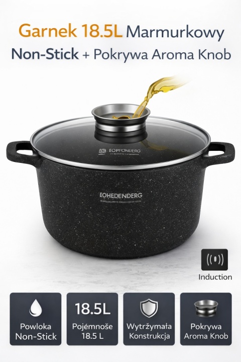 Garnek marmurkowy 32 cm 18,5 l pokrywka szklana indukcja powłoka non-stick
