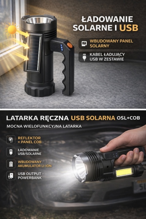 Latarka solarna USB OSL+COB